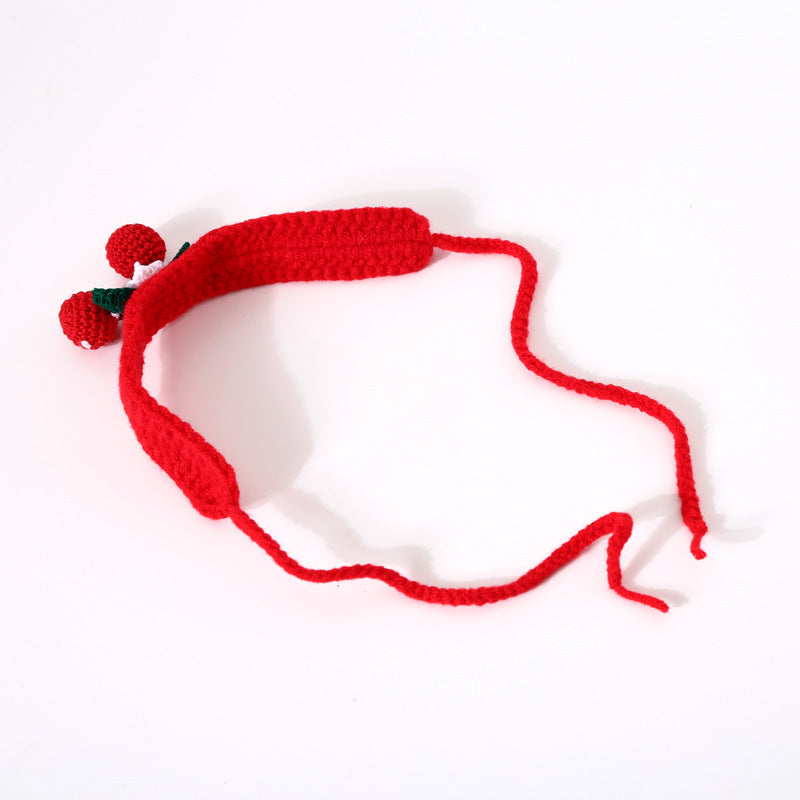 KFX-7304509 Hand Knitted Wool Cherry Flower Bow Adjustable Pet Collar for Cats and Dogs