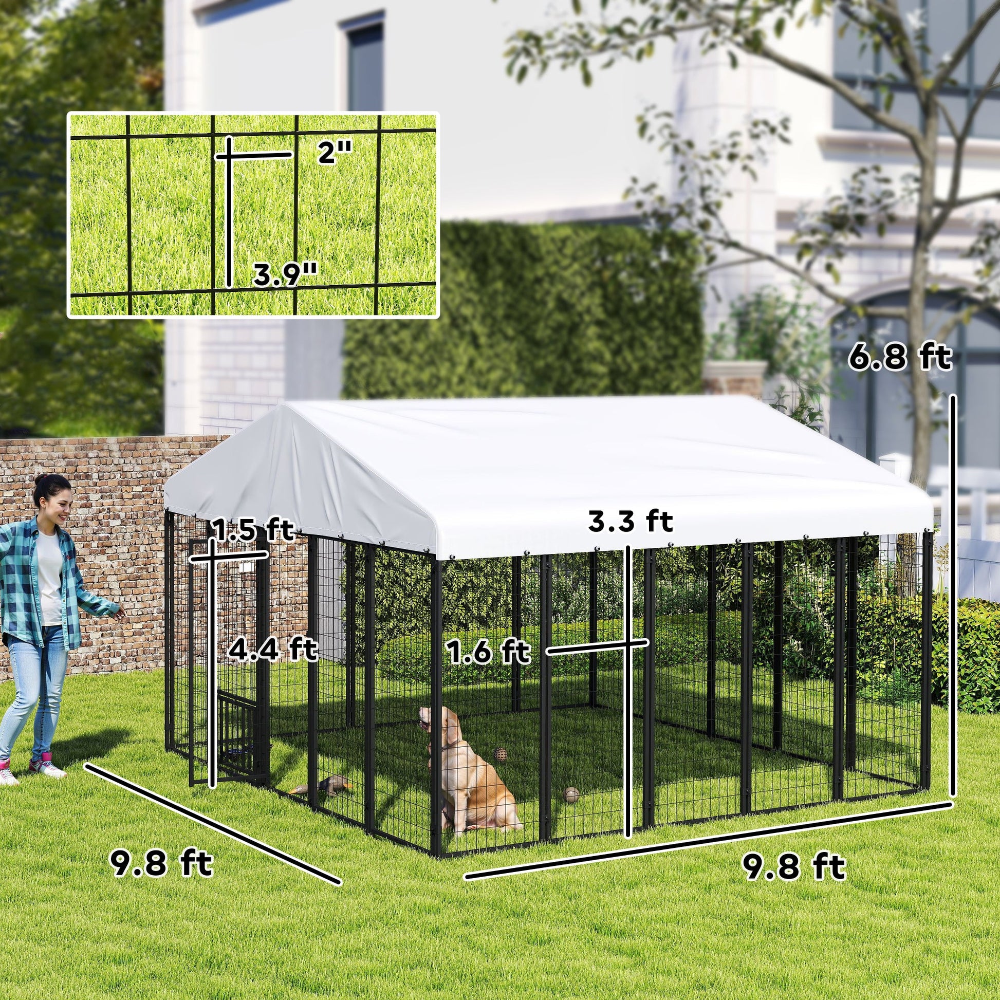 KFX-7306173 Spacious Welded Wire Outdoor Dog Kennel with Adjustable Feeding Bowls and Lockable Gate