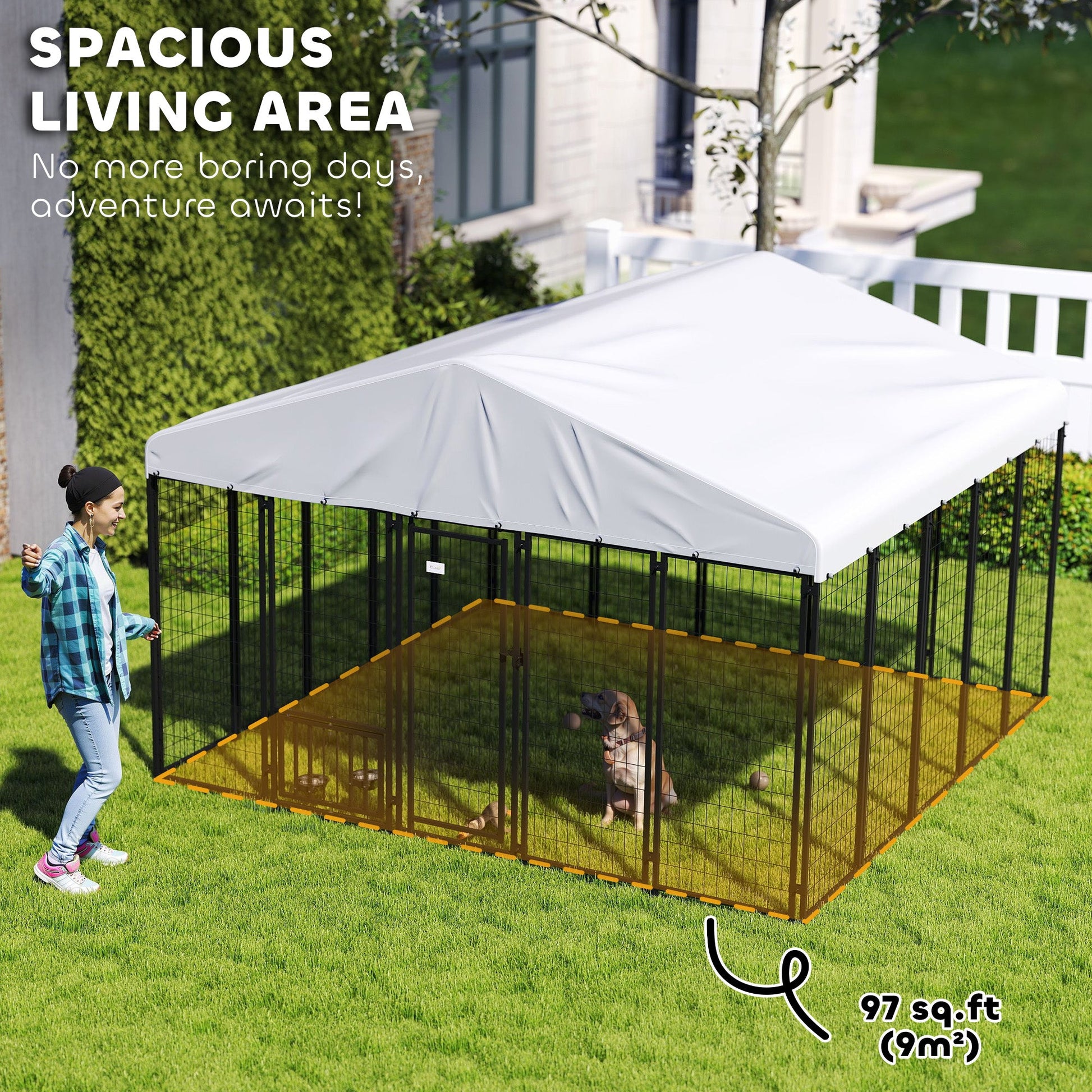 KFX-7306173 Spacious Welded Wire Outdoor Dog Kennel with Adjustable Feeding Bowls and Lockable Gate