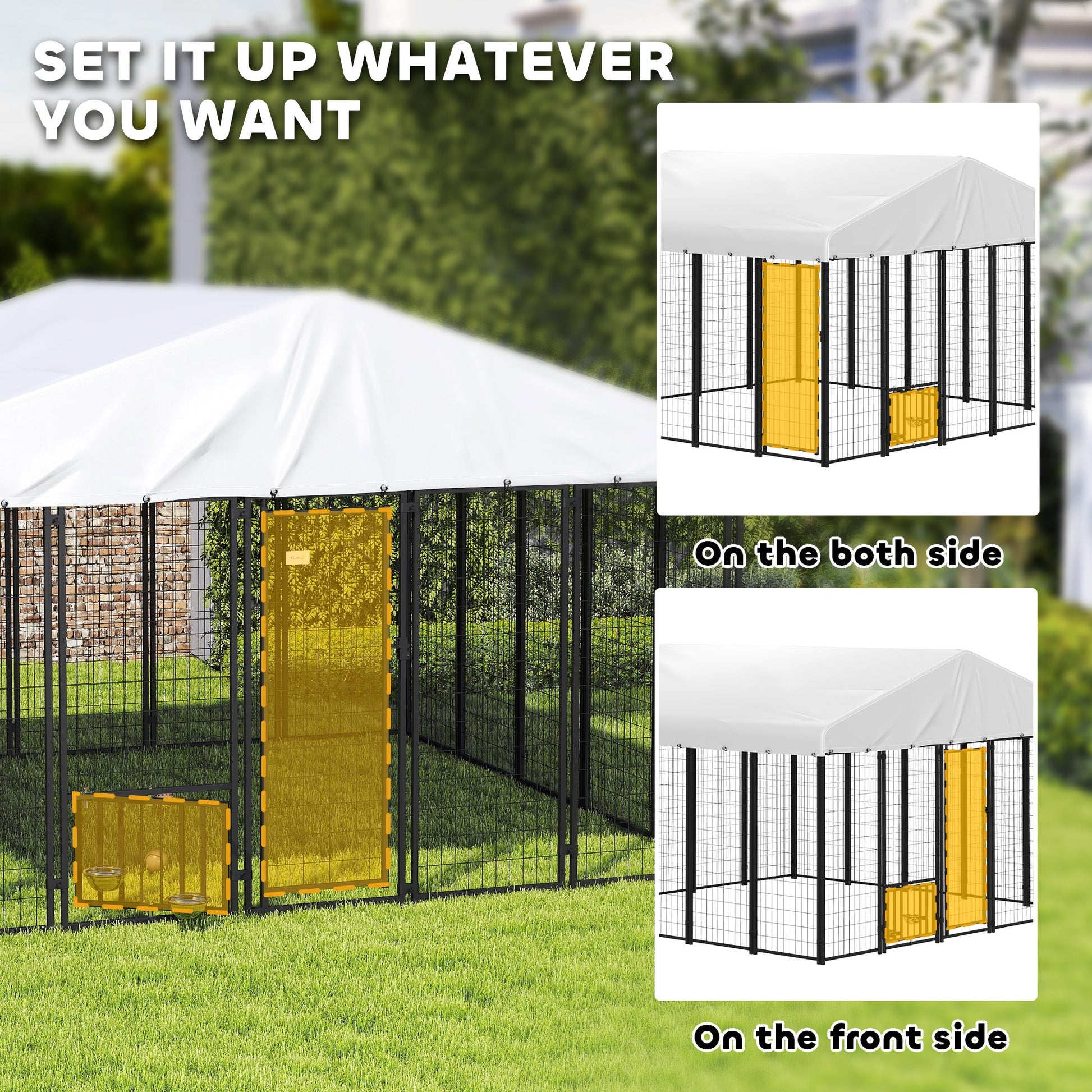 KFX-7306173 Spacious Welded Wire Outdoor Dog Kennel with Adjustable Feeding Bowls and Lockable Gate