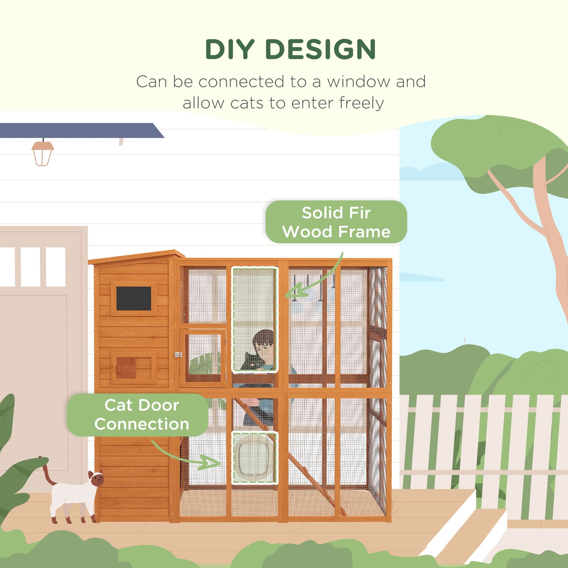 KFX-7306557 Extra Large Wooden Outdoor Catio with Four Stories, Ramps, and Windows for Cats