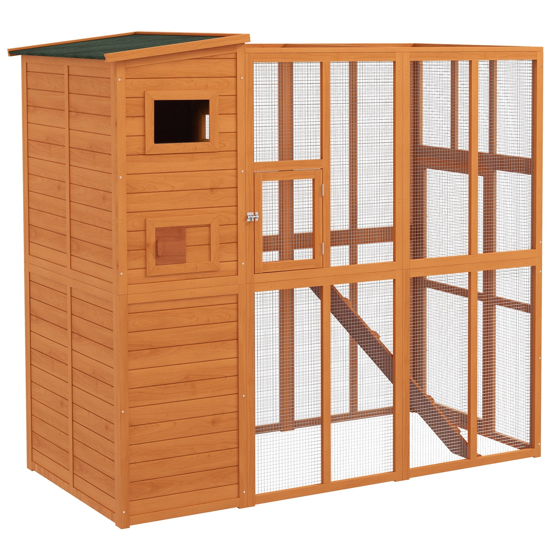 KFX-7306557 Extra Large Wooden Outdoor Catio with Four Stories, Ramps, and Windows for Cats