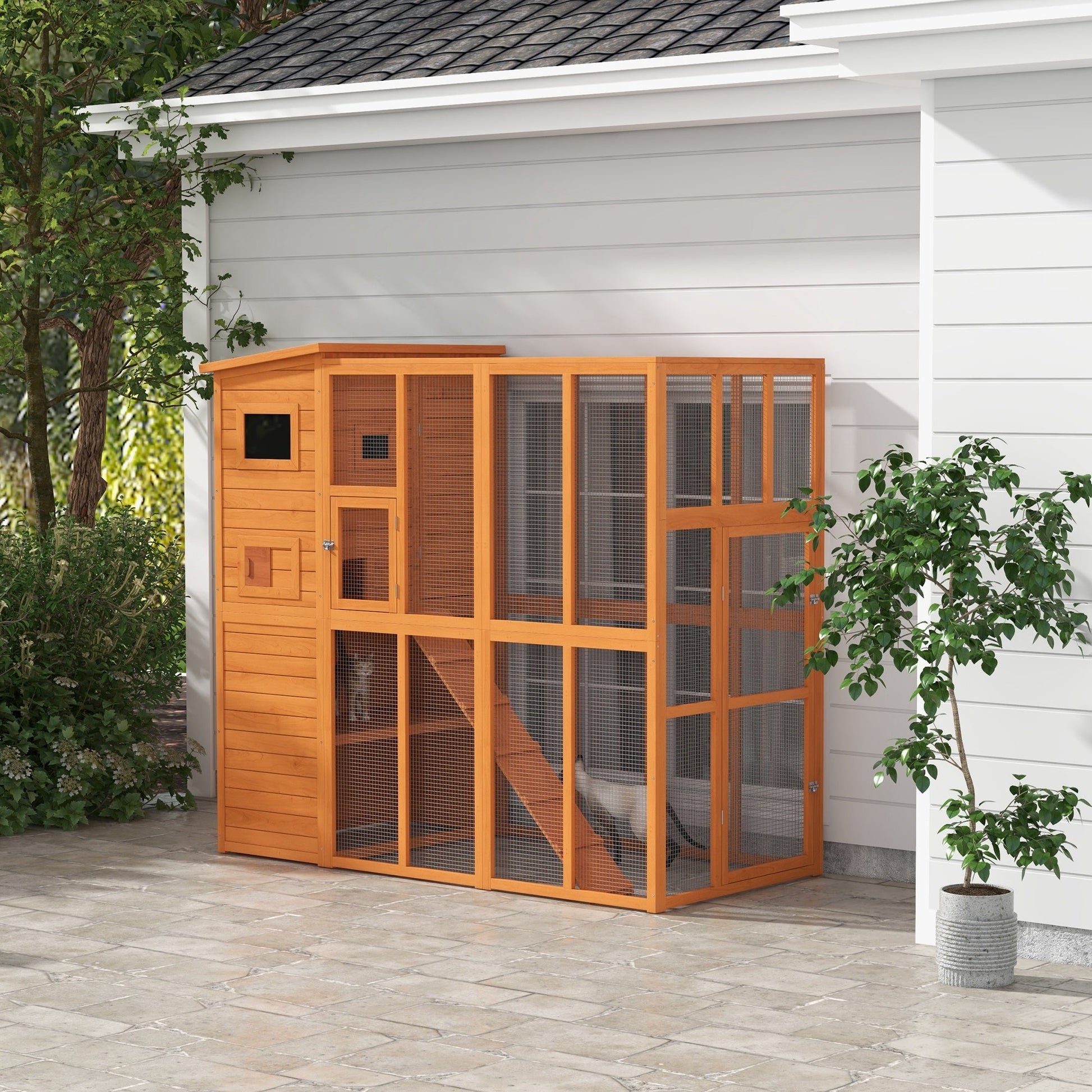 KFX-7306557 Extra Large Wooden Outdoor Catio with Four Stories, Ramps, and Windows for Cats