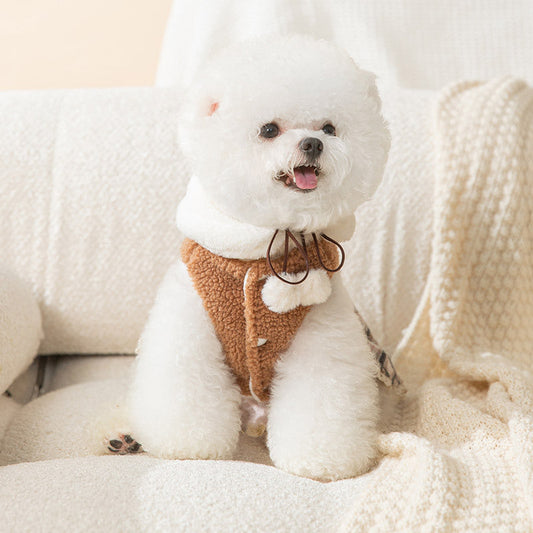 KFX-7309885 Cute Bear Dress for Dogs with Scarf – Cashmere and Fleece Material, Available in Brown and Beige, Multiple Sizes