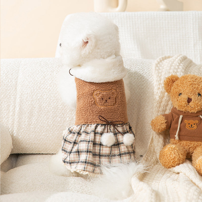 KFX-7309885 Cute Bear Dress for Dogs with Scarf – Cashmere and Fleece Material, Available in Brown and Beige, Multiple Sizes