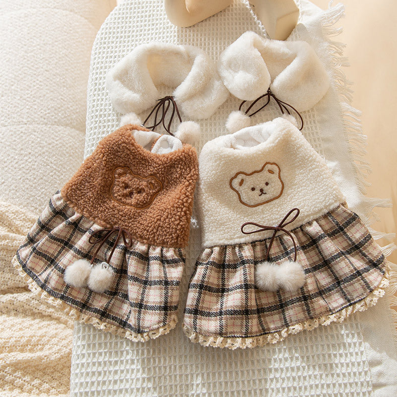 KFX-7309885 Cute Bear Dress for Dogs with Scarf – Cashmere and Fleece Material, Available in Brown and Beige, Multiple Sizes