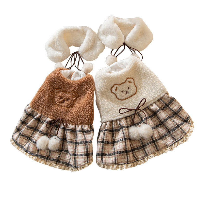 KFX-7309885 Cute Bear Dress for Dogs with Scarf – Cashmere and Fleece Material, Available in Brown and Beige, Multiple Sizes