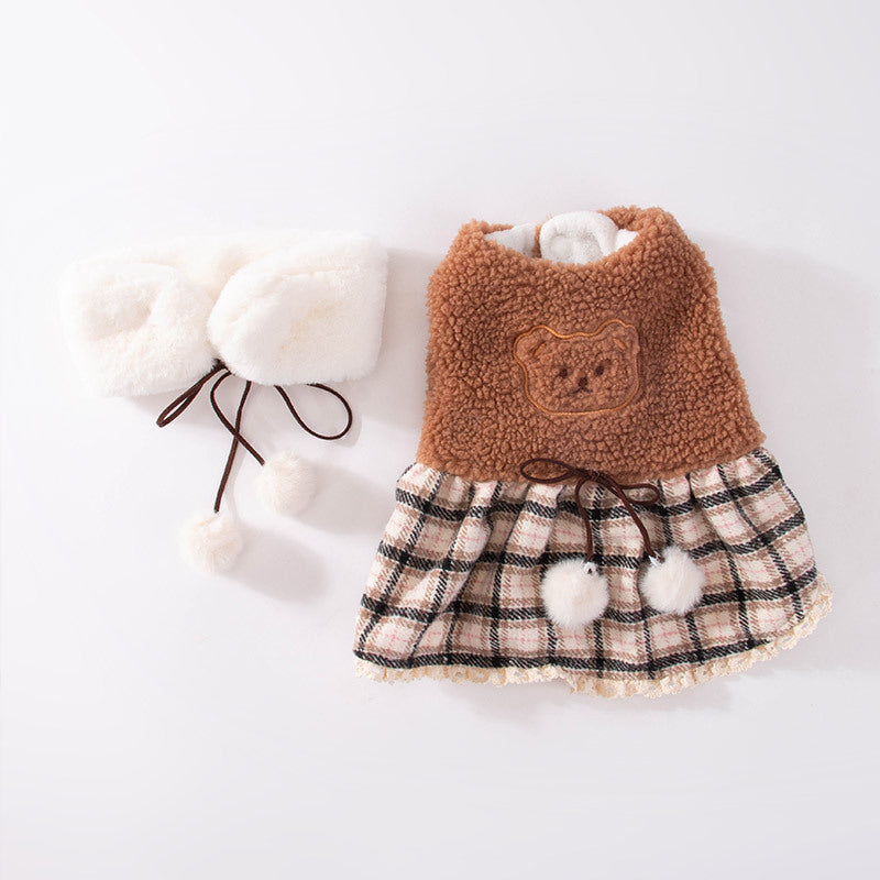 KFX-7309885 Cute Bear Dress for Dogs with Scarf – Cashmere and Fleece Material, Available in Brown and Beige, Multiple Sizes