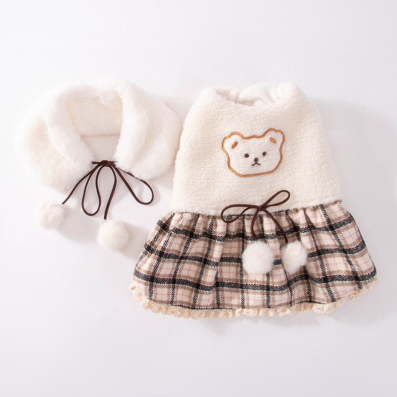 KFX-7309885 Cute Bear Dress for Dogs with Scarf – Cashmere and Fleece Material, Available in Brown and Beige, Multiple Sizes