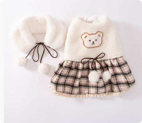 KFX-7309885 Cute Bear Dress for Dogs with Scarf – Cashmere and Fleece Material, Available in Brown and Beige, Multiple Sizes