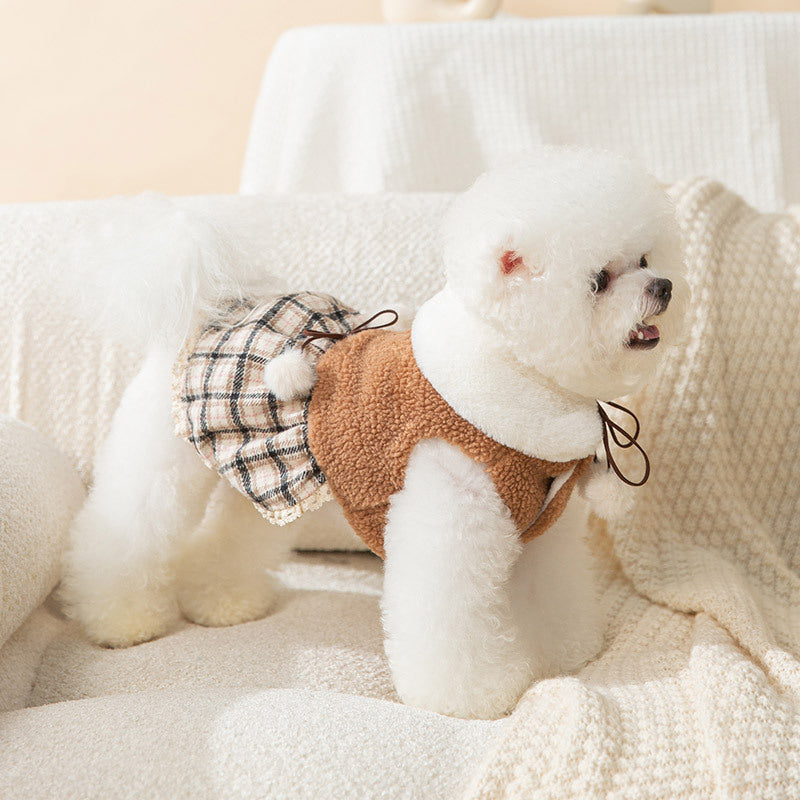 KFX-7309885 Cute Bear Dress for Dogs with Scarf – Cashmere and Fleece Material, Available in Brown and Beige, Multiple Sizes