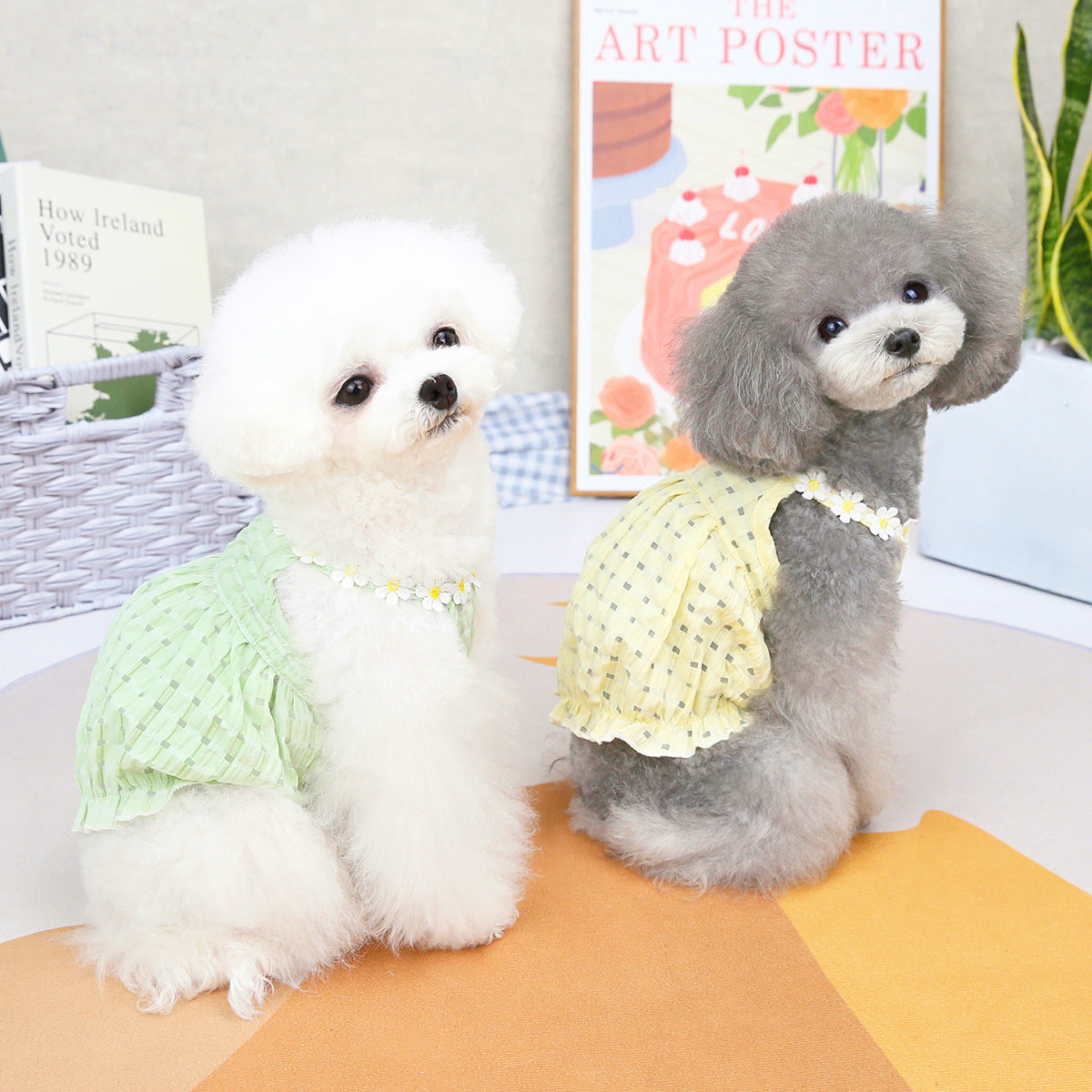 KFX-7314621 Spring Summer Pet Dress for Puppies - Soft Acrylic Skirt in Yellow and Green, Multiple Sizes Available