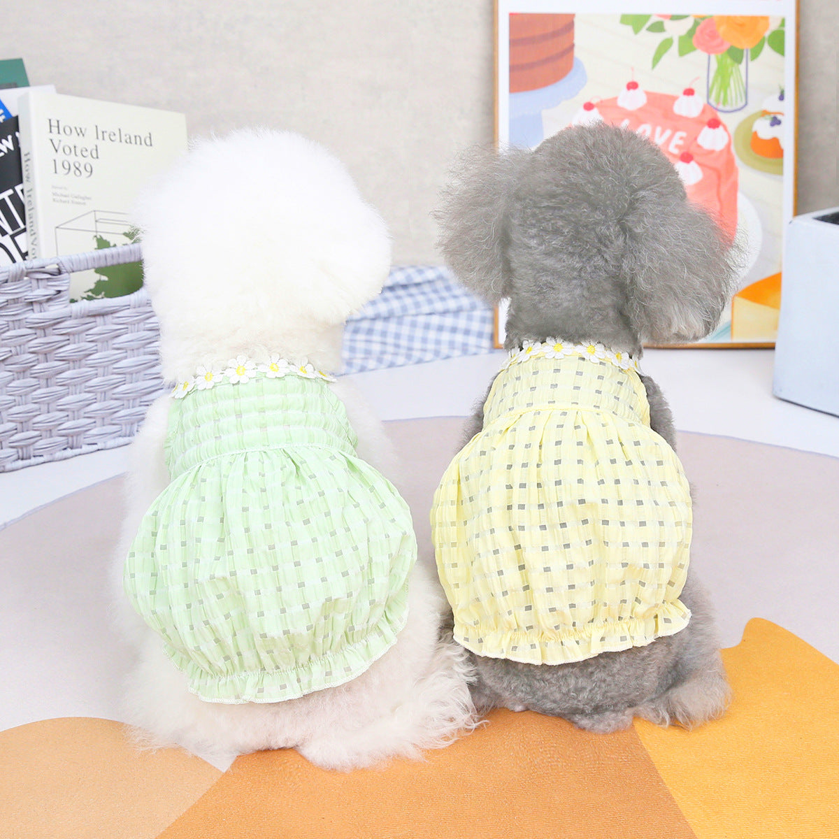 KFX-7314621 Spring Summer Pet Dress for Puppies - Soft Acrylic Skirt in Yellow and Green, Multiple Sizes Available