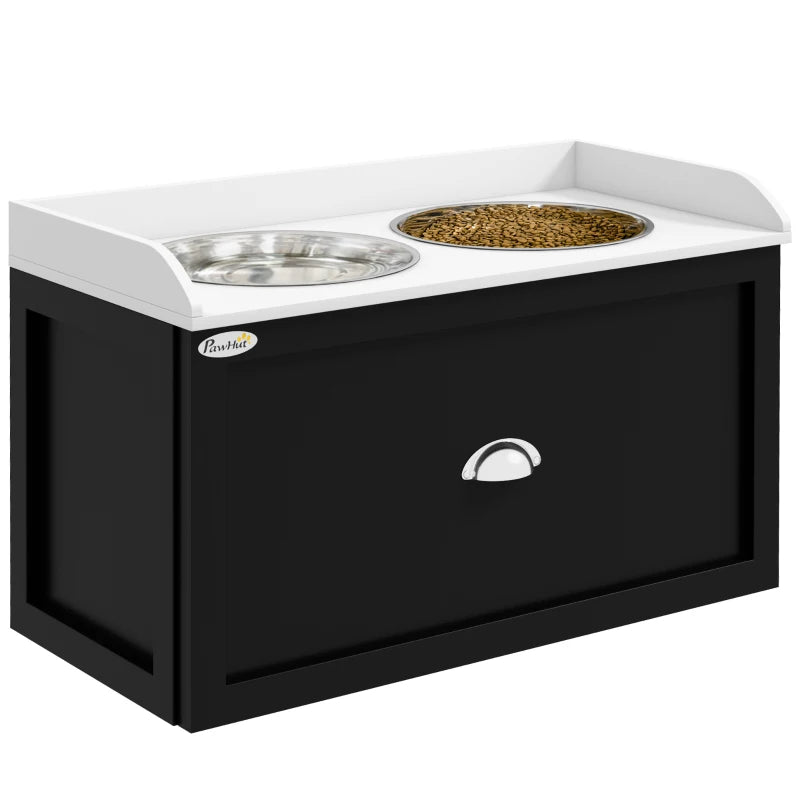 KFX-7319485 Elevated Pet Feeding Station with Storage and Stainless Steel Bowls for Large Dogs, White and Black