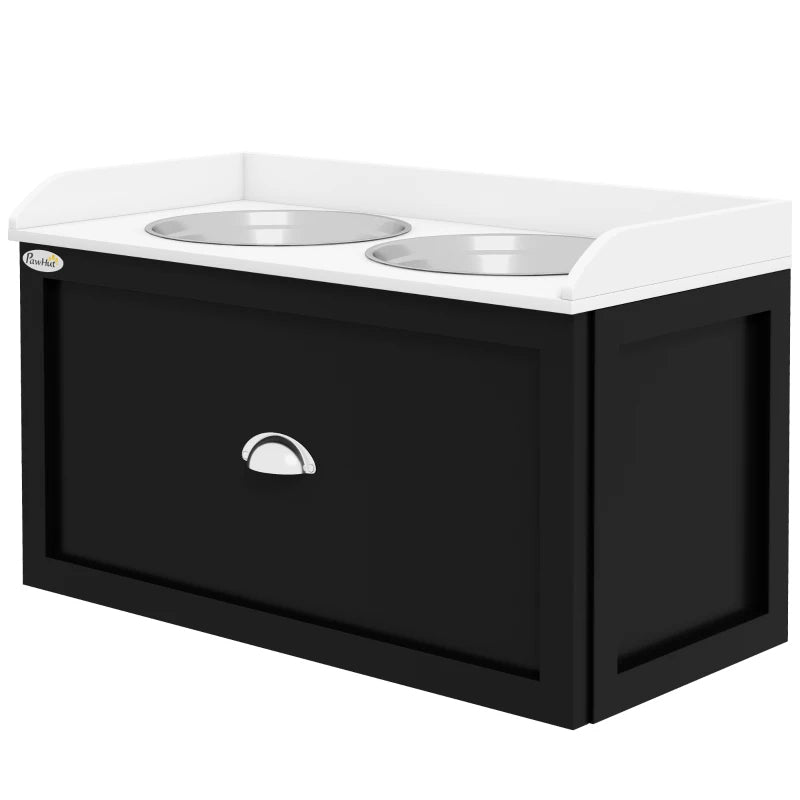 KFX-7319485 Elevated Pet Feeding Station with Storage and Stainless Steel Bowls for Large Dogs, White and Black