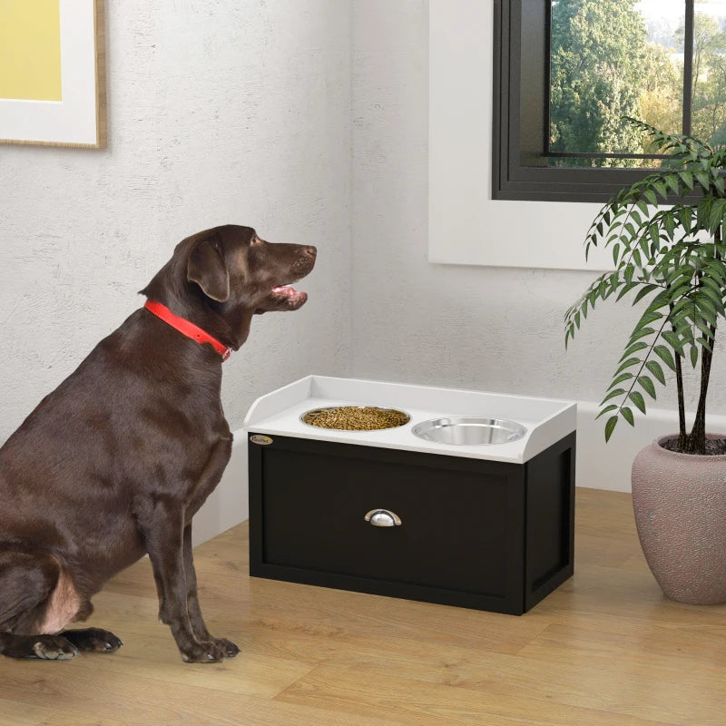 KFX-7319485 Elevated Pet Feeding Station with Storage and Stainless Steel Bowls for Large Dogs, White and Black