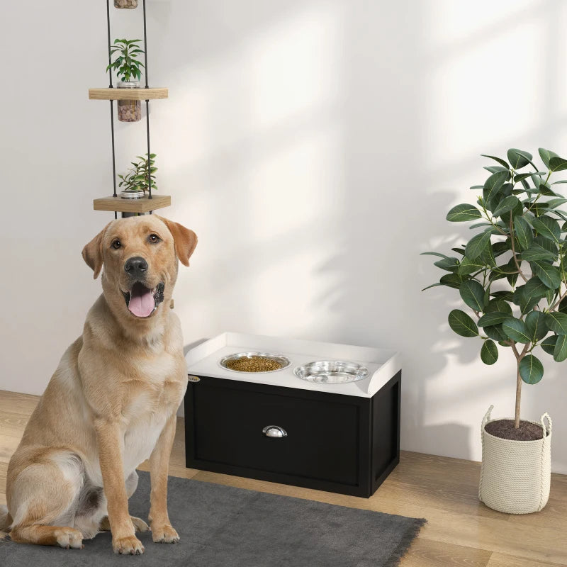 KFX-7319485 Elevated Pet Feeding Station with Storage and Stainless Steel Bowls for Large Dogs, White and Black