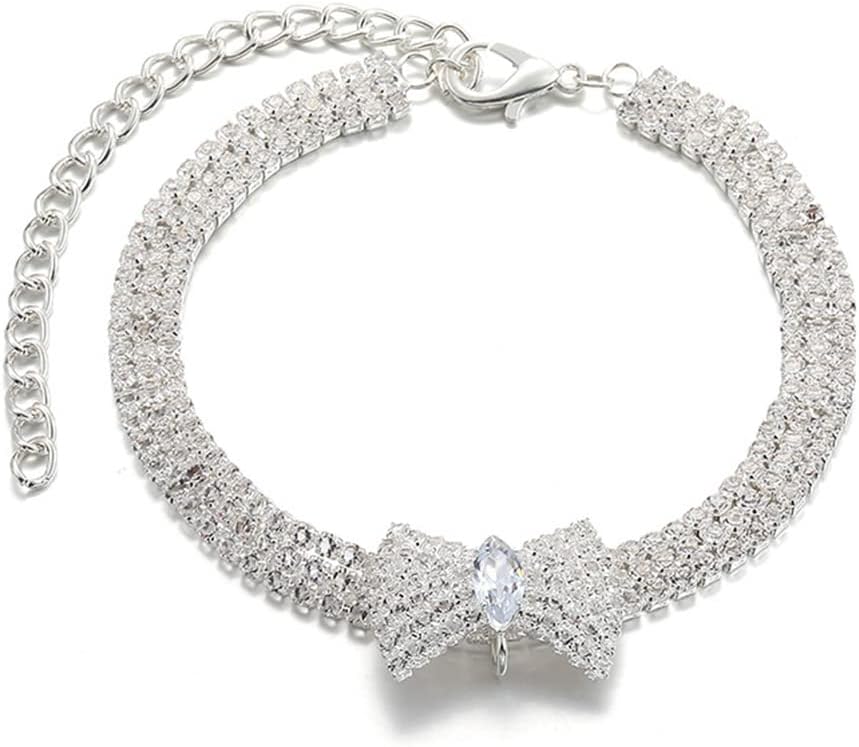 KFX-7327037 Adjustable Crystal Bow Pet Collar for Small & Medium Dogs and Cats - Sparkling Rhinestone Design