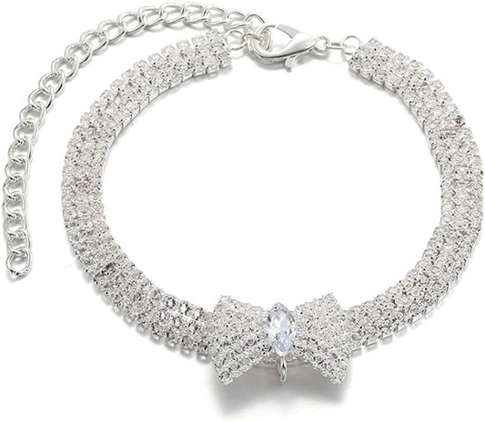 KFX-7327037 Adjustable Crystal Bow Pet Collar for Small & Medium Dogs and Cats - Sparkling Rhinestone Design