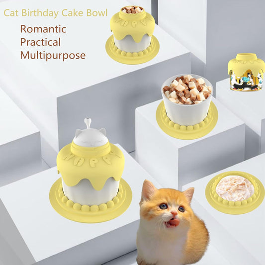 KFX-7336765 Cat Birthday Celebration Set with Cake-Shaped Slow Feeder Bowl, Food Can Cover & Spoon