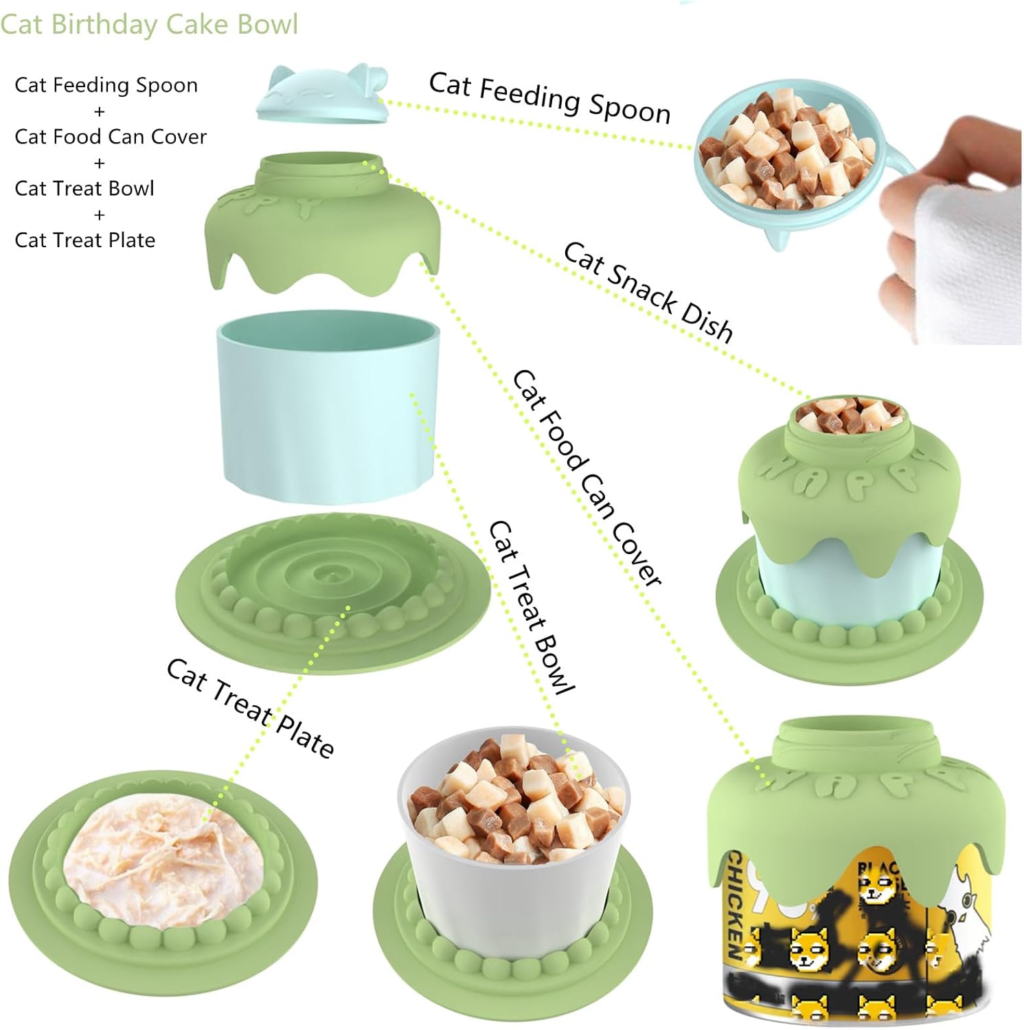 KFX-7336765 Cat Birthday Celebration Set with Cake-Shaped Slow Feeder Bowl, Food Can Cover & Spoon