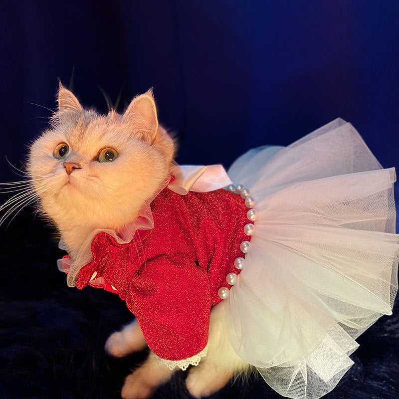 KFX-7337661 Red Princess Tutu Dress for Female Cats - Wedding and Spring Outfit, Multiple Sizes Available