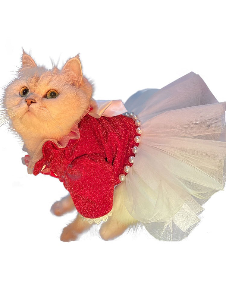 KFX-7337661 Red Princess Tutu Dress for Female Cats - Wedding and Spring Outfit, Multiple Sizes Available