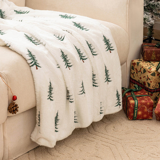 KFX-7341885 Christmas Tree Embroidered Plush Throw Blanket for Sofa, Available in Two Sizes