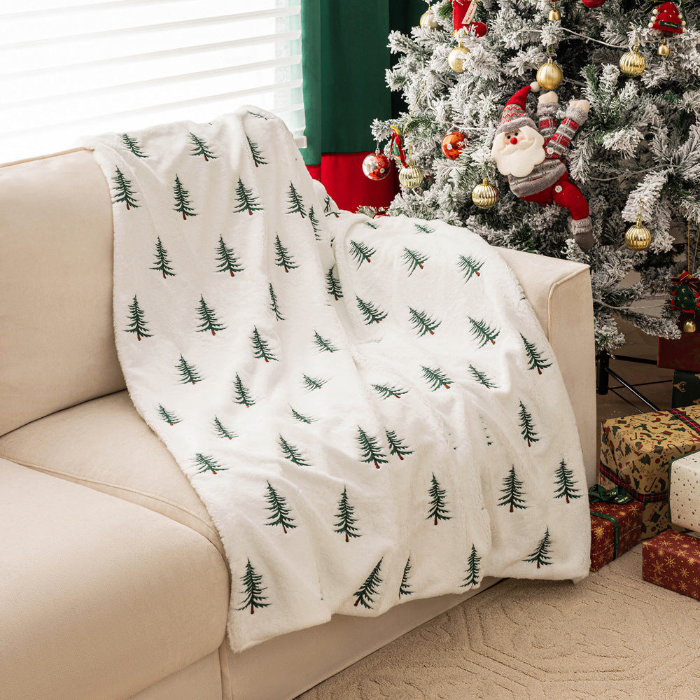 KFX-7341885 Christmas Tree Embroidered Plush Throw Blanket for Sofa, Available in Two Sizes
