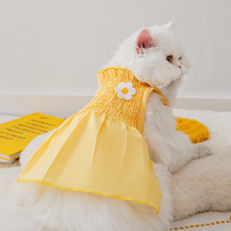 KFX-7342653 Sunflower Print Two-Foot Dog Dress in Yellow and Beige, Casual Style Pet Skirt