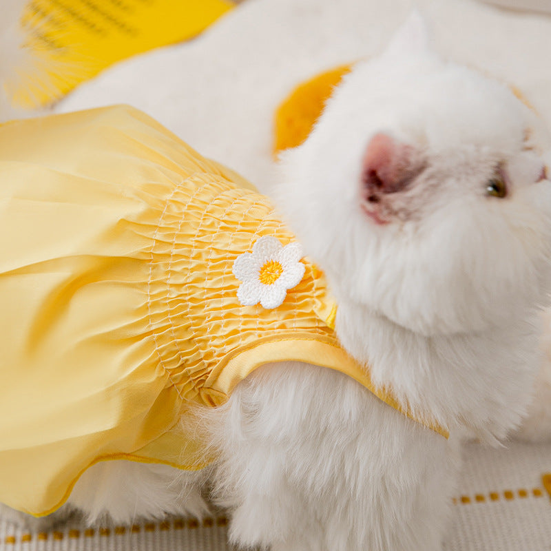 KFX-7342653 Sunflower Print Two-Foot Dog Dress in Yellow and Beige, Casual Style Pet Skirt