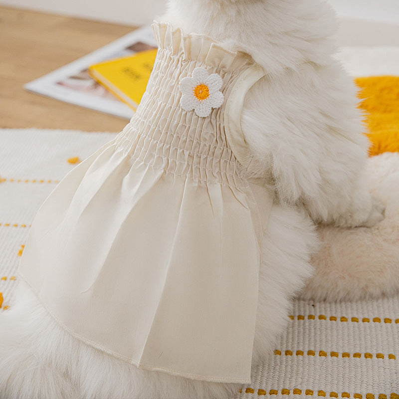 KFX-7342653 Sunflower Print Two-Foot Dog Dress in Yellow and Beige, Casual Style Pet Skirt