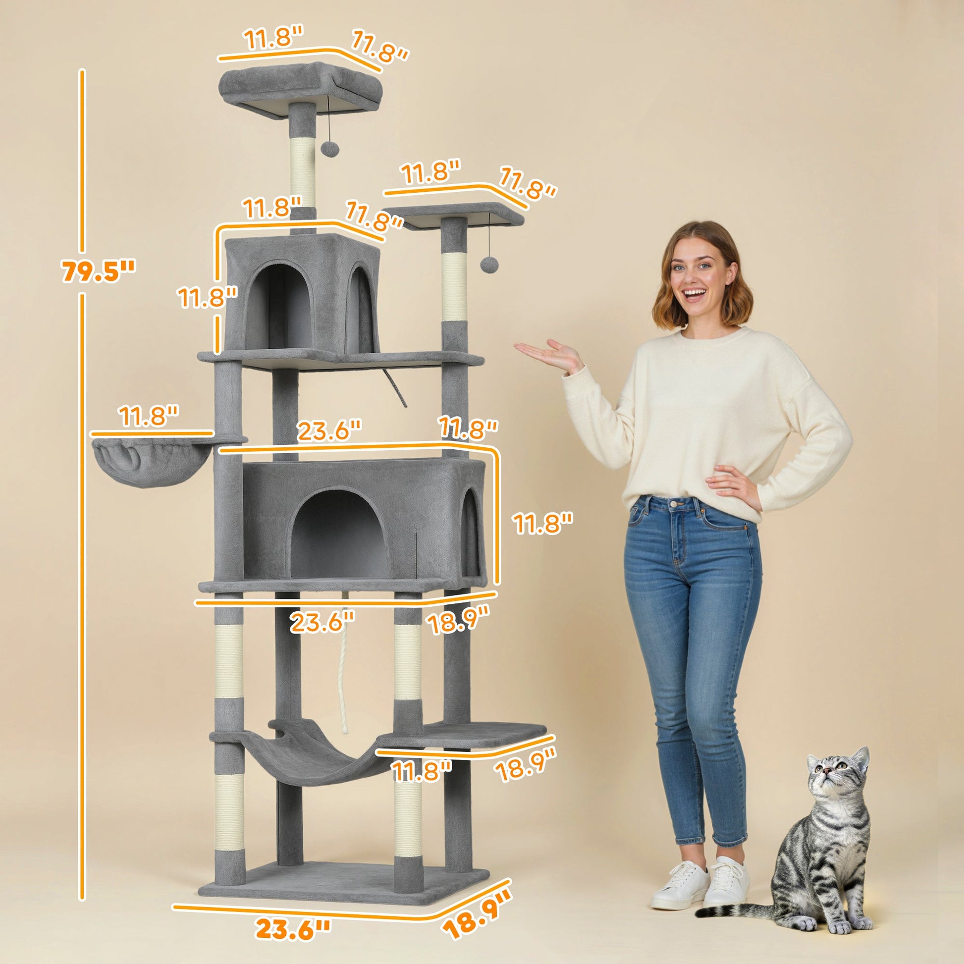 KFX-7344317 Multi-Level Cat Tree with Condos, Hammocks, and Scratching Posts - 80" Tall Dark Gray Cat Tower