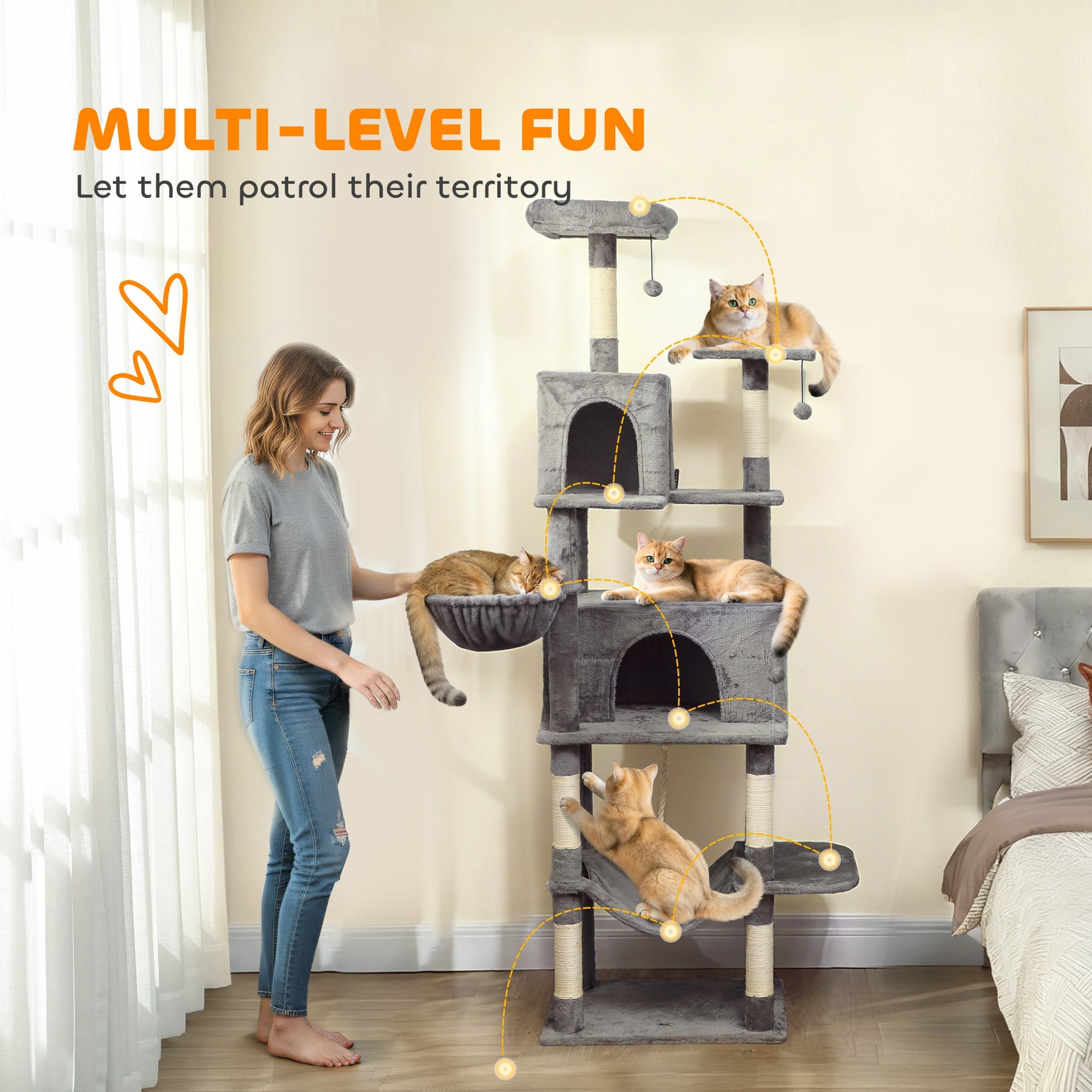 KFX-7344317 Multi-Level Cat Tree with Condos, Hammocks, and Scratching Posts - 80" Tall Dark Gray Cat Tower