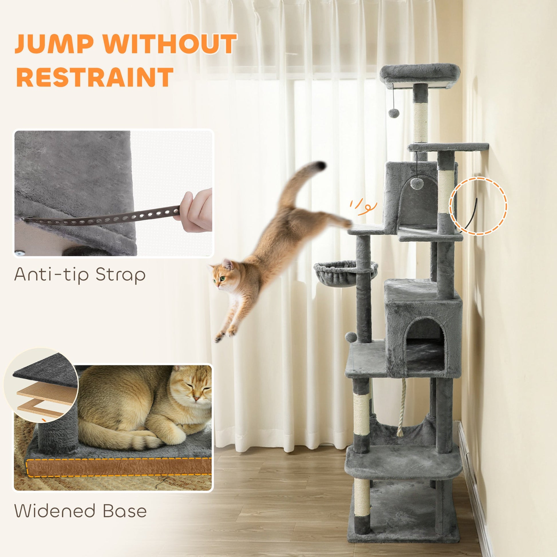 KFX-7344317 Multi-Level Cat Tree with Condos, Hammocks, and Scratching Posts - 80" Tall Dark Gray Cat Tower