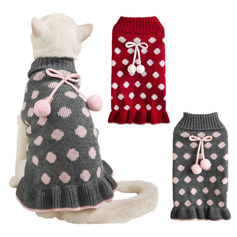 KFX-7354557 Polka Dot Lotus Leaf Sweater for Dogs and Cats in Red and Gray