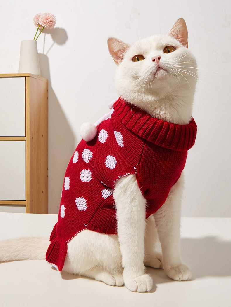 KFX-7354557 Polka Dot Lotus Leaf Sweater for Dogs and Cats in Red and Gray