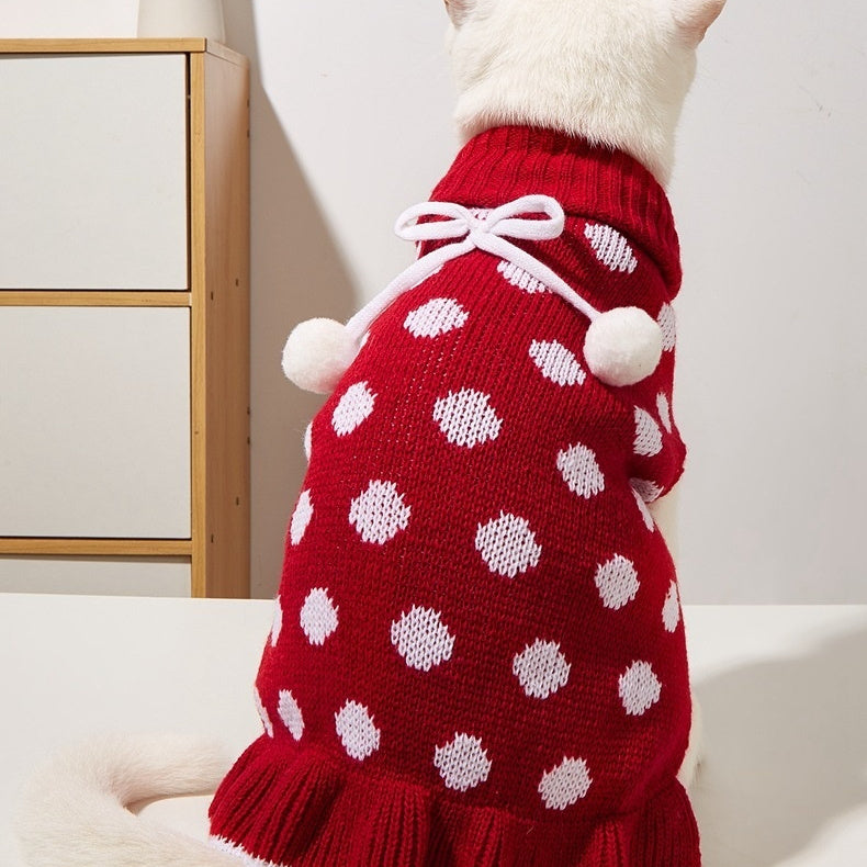 KFX-7354557 Polka Dot Lotus Leaf Sweater for Dogs and Cats in Red and Gray