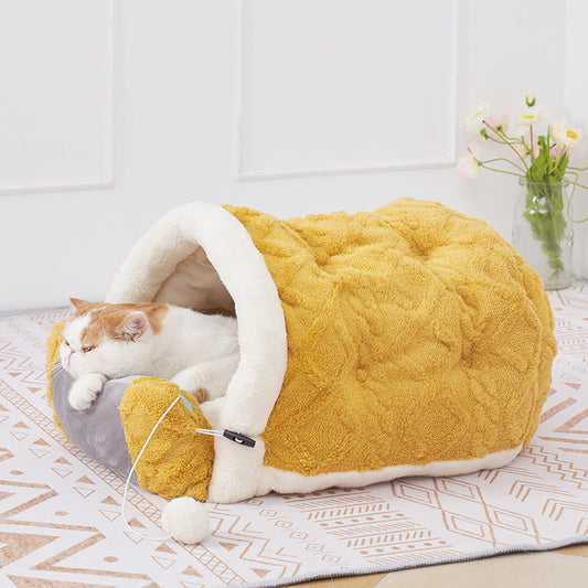 KFX-7356605 Warm Semi-Enclosed Cat Litter Nest with Game Pad - Arctic Fleece Material