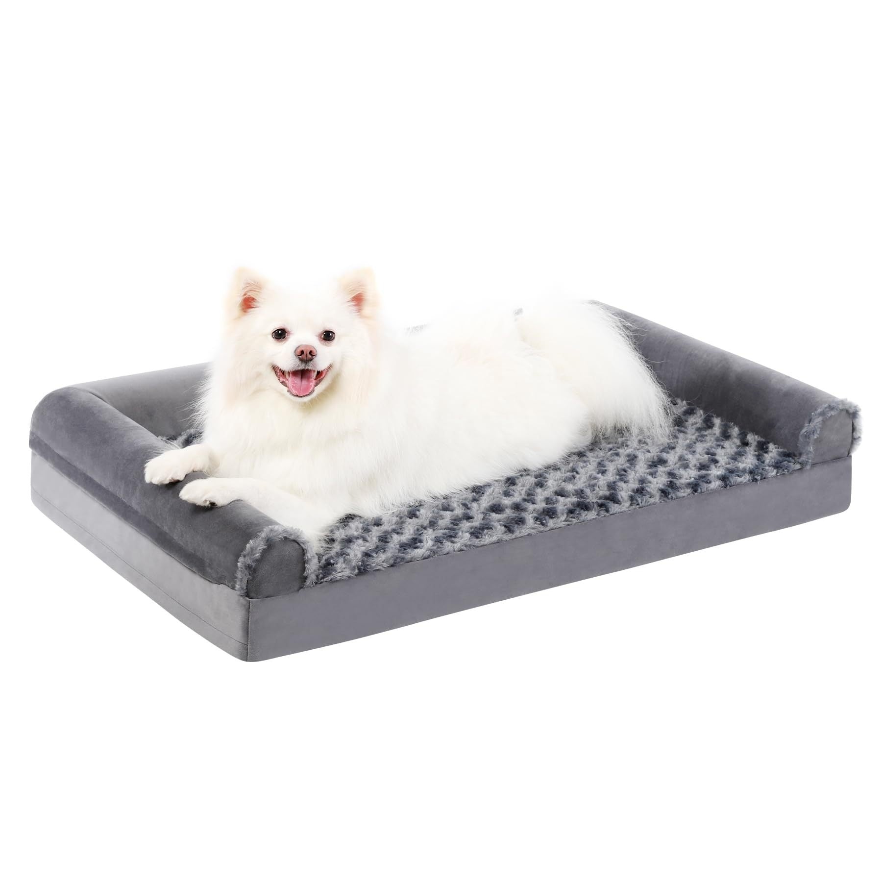 KFX-7360573 Removable and Washable U-shaped Pet Sofa in Gray, Embossed Velvet with Sponge Cushioning
