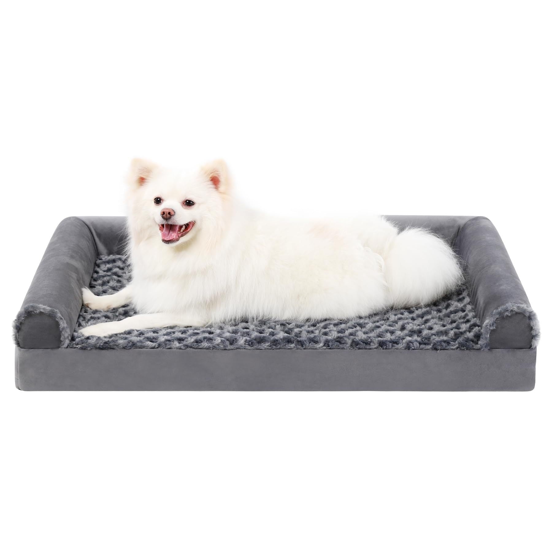 KFX-7360573 Removable and Washable U-shaped Pet Sofa in Gray, Embossed Velvet with Sponge Cushioning