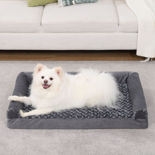 KFX-7360573 Removable and Washable U-shaped Pet Sofa in Gray, Embossed Velvet with Sponge Cushioning