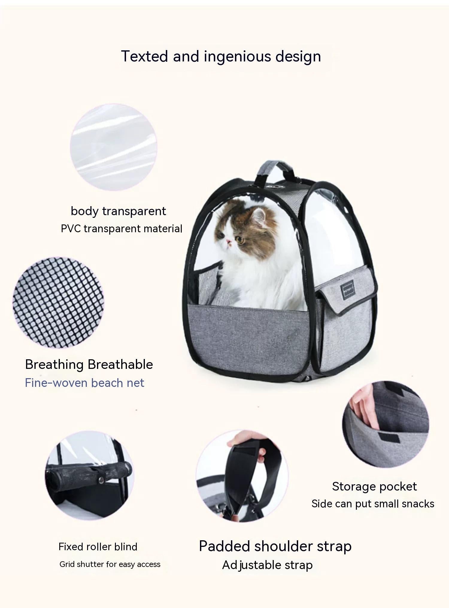 KFX-7364541 Foldable Portable Cat Carrier Bag - Lightweight Transparent Design in Gray
