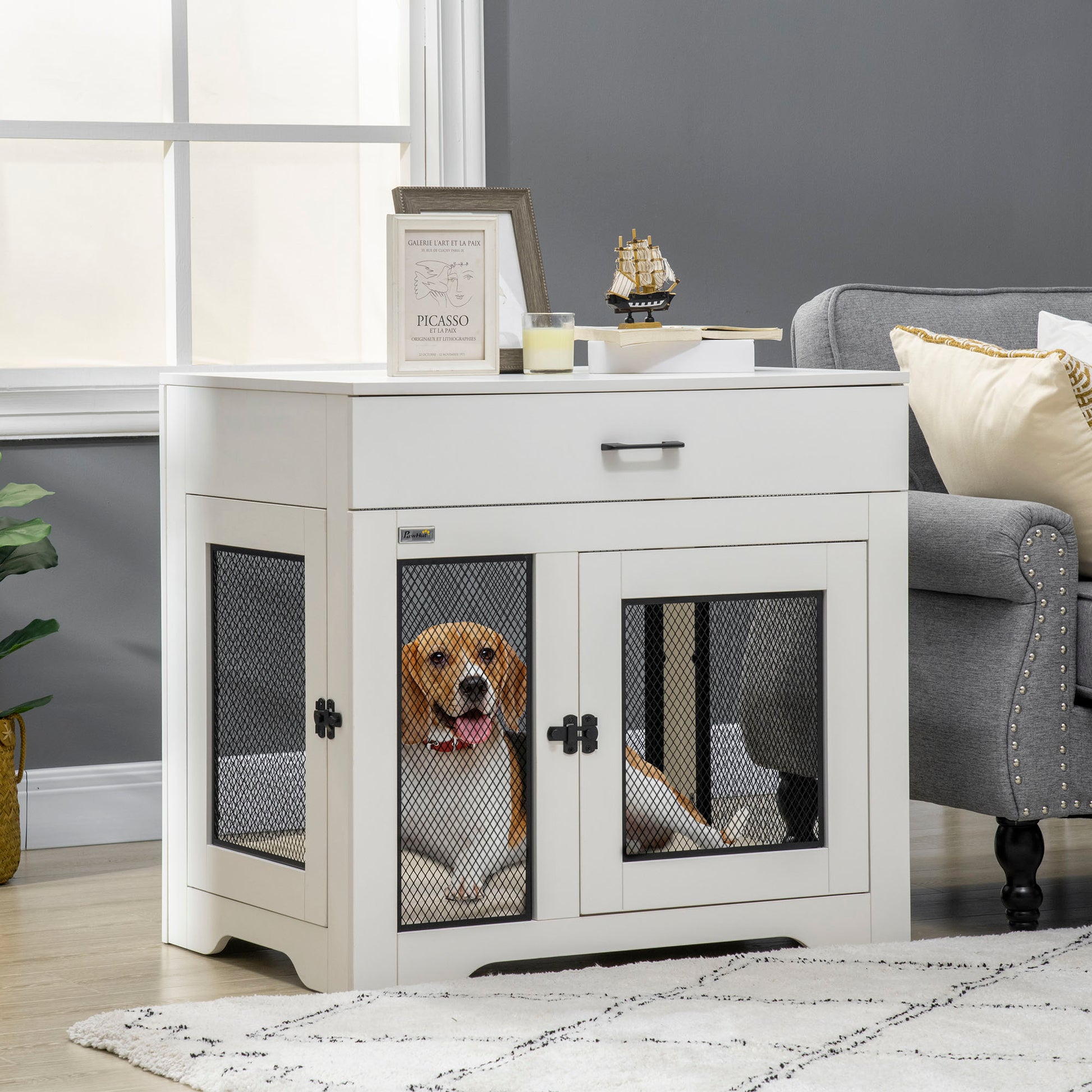 KFX-7365949 Multipurpose Dog Crate Furniture with Water-Resistant Cushion and Dual Doors