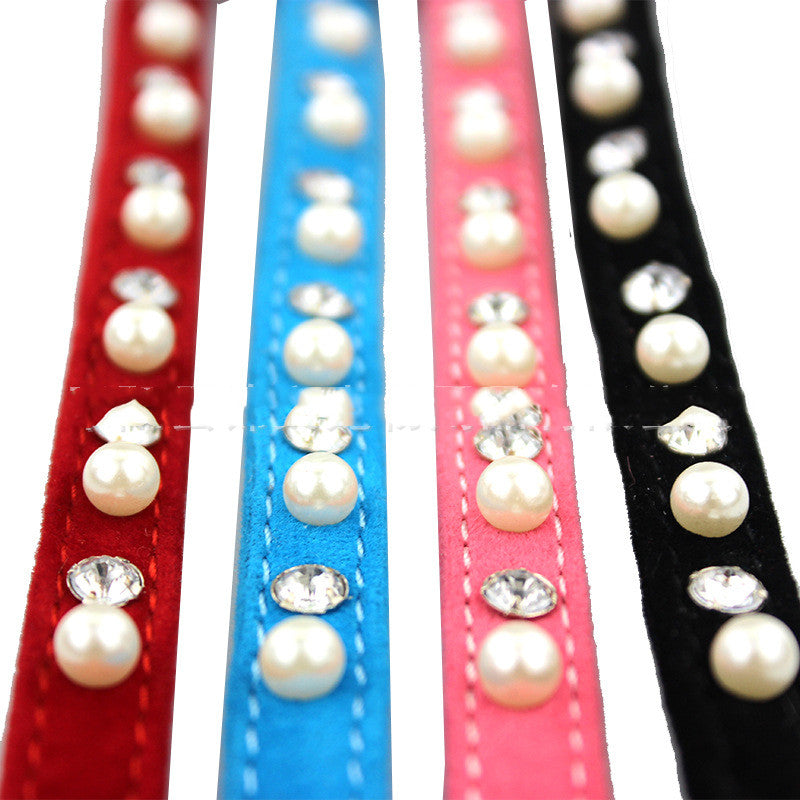 KFX-7370045 Dog Flocking Pearl Rhinestone Collar - Comfortable PU Leash in Blue, Black, Red, and Pink