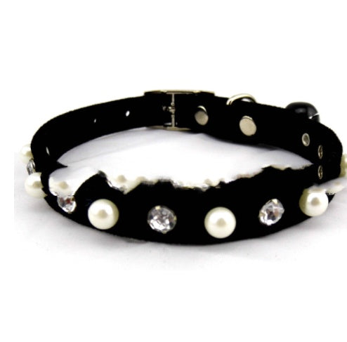KFX-7370045 Dog Flocking Pearl Rhinestone Collar - Comfortable PU Leash in Blue, Black, Red, and Pink