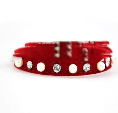 KFX-7370045 Dog Flocking Pearl Rhinestone Collar - Comfortable PU Leash in Blue, Black, Red, and Pink