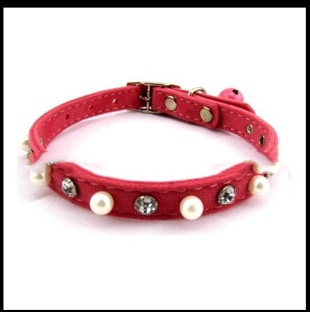 KFX-7370045 Dog Flocking Pearl Rhinestone Collar - Comfortable PU Leash in Blue, Black, Red, and Pink