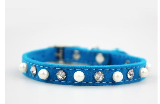 KFX-7370045 Dog Flocking Pearl Rhinestone Collar - Comfortable PU Leash in Blue, Black, Red, and Pink