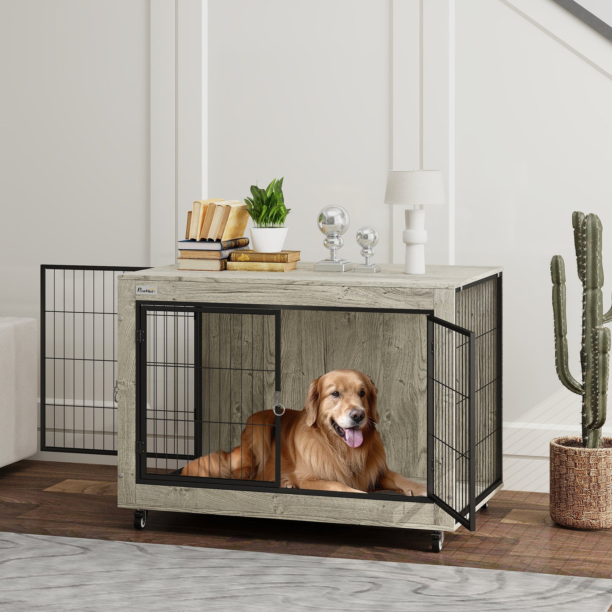 KFX-7371709 39" Multi-functional Dog Crate Furniture Side Table with Wheels - Gray, Suitable for Large Dogs Up to 66 lbs